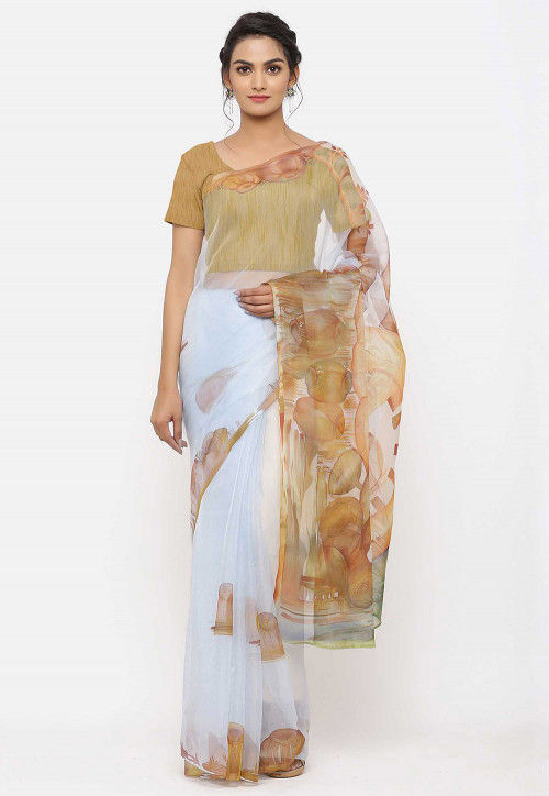 Hand Painted Organza Saree in Sky Blue