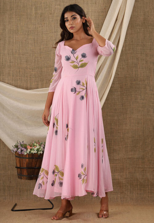 Moccasin Designer Gown In Net With Floral Patch Work