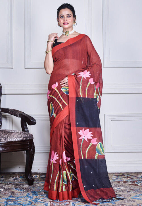Hand Painted Pure Cotton Saree in Maroon