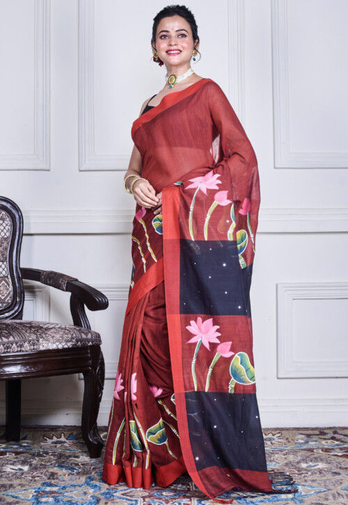Hand Painted Pure Cotton Saree in Maroon