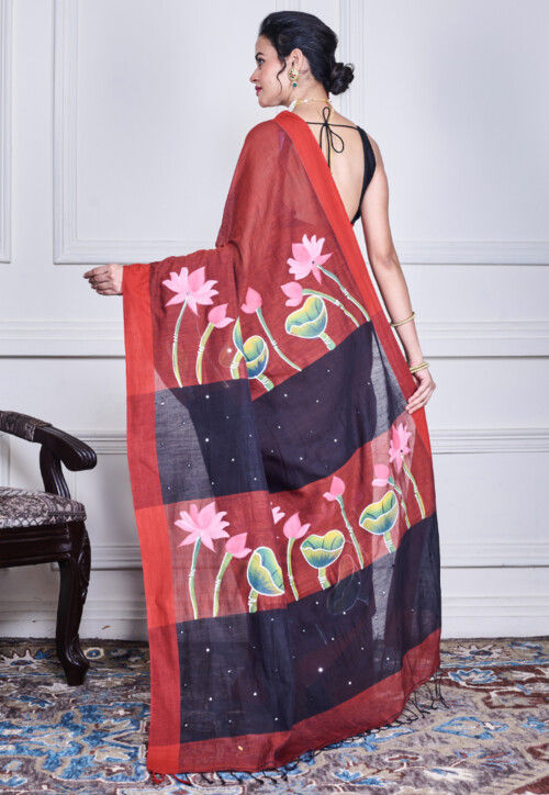 Hand Painted Pure Cotton Saree in Maroon