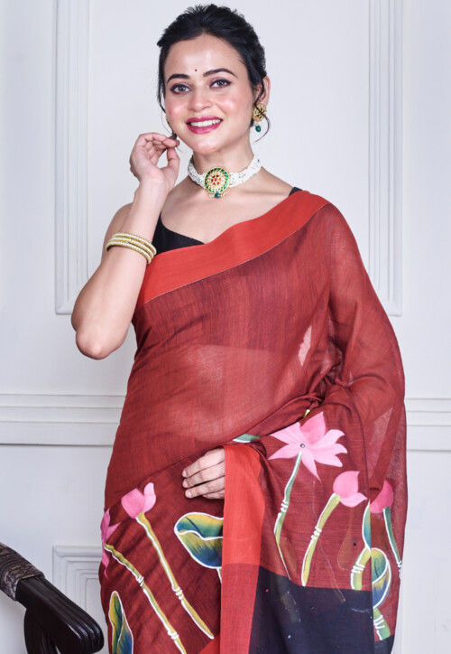 Hand Painted Pure Cotton Saree in Maroon