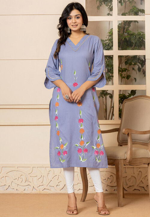 Hand Painted Pure Cotton Straight Kurta in Pastel Blue