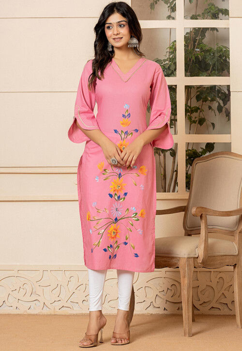 UtsavFashion Hand Painted Pure Cotton Straight Kurta in Pink