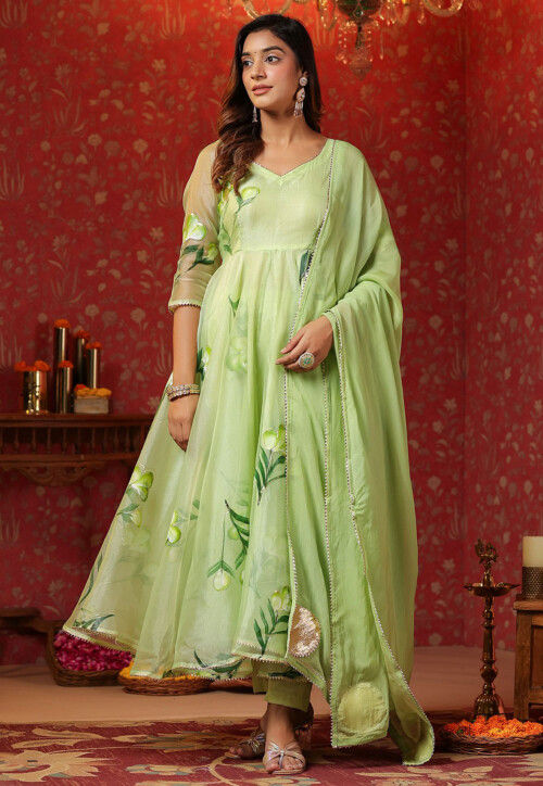 Hand Printed Organza Aline Suit in Light Green