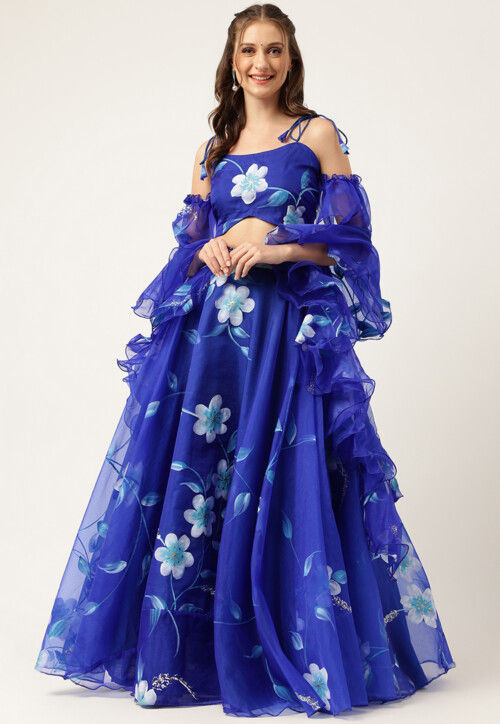 Hand Printed Organza Lehenga in Royal Blue
