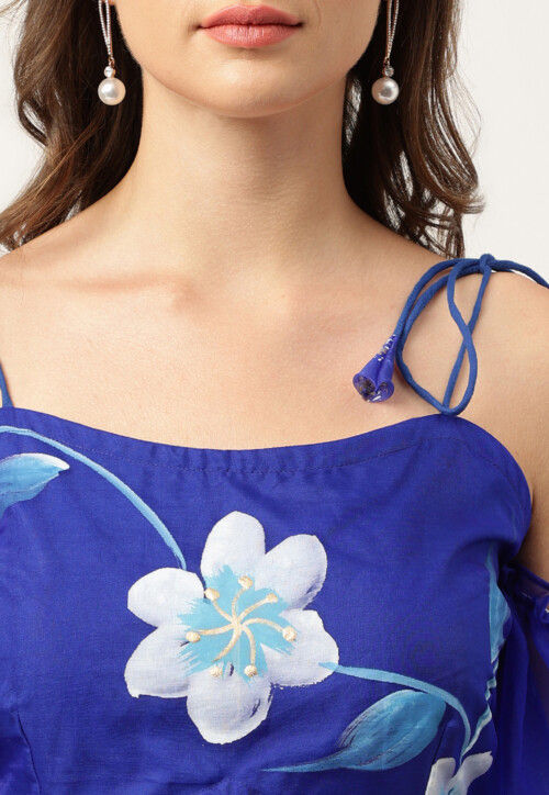 Hand Printed Organza Lehenga in Royal Blue