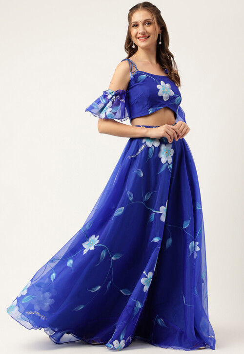 Hand Printed Organza Lehenga in Royal Blue