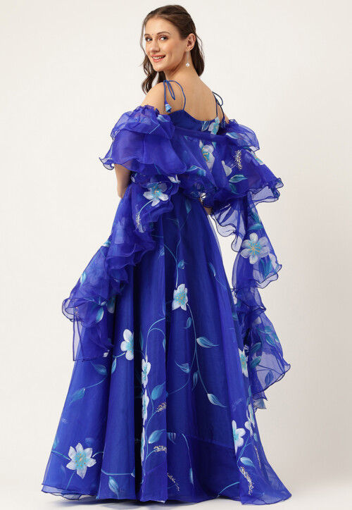 Hand Printed Organza Lehenga in Royal Blue