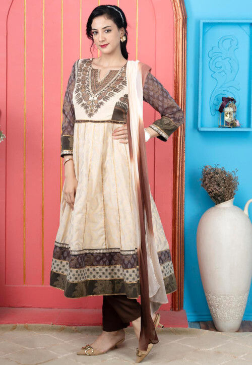 Handloom Art Silk Anarkali Suit in Beige