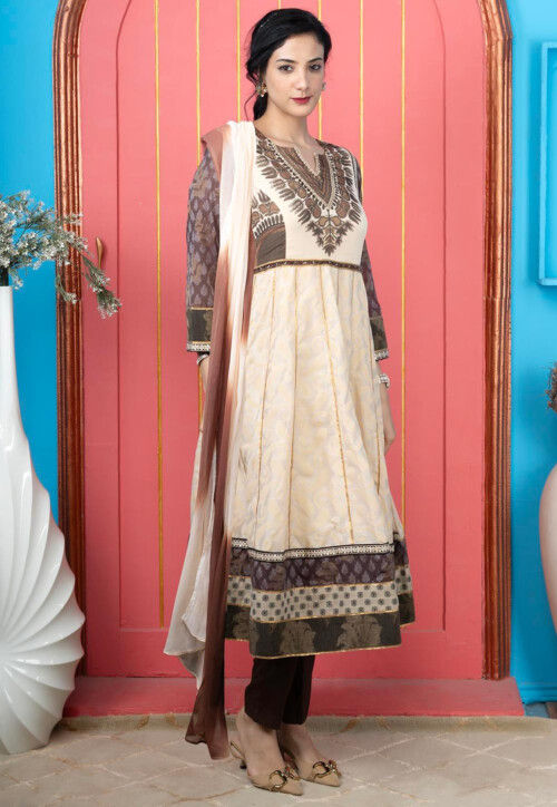 Handloom Art Silk Anarkali Suit in Beige