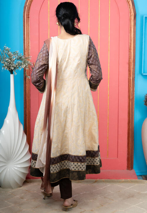 Handloom Art Silk Anarkali Suit in Beige