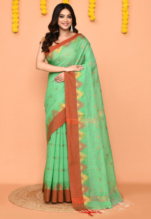 Handloom Cotton Slub Saree in Green