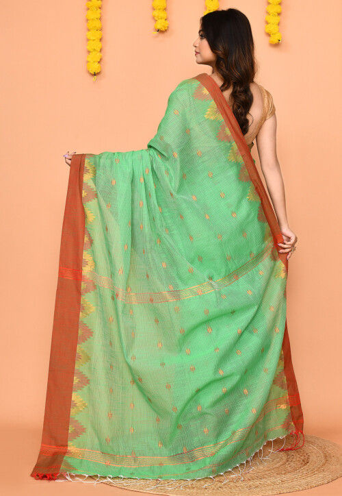 Handloom Cotton Slub Saree in Green