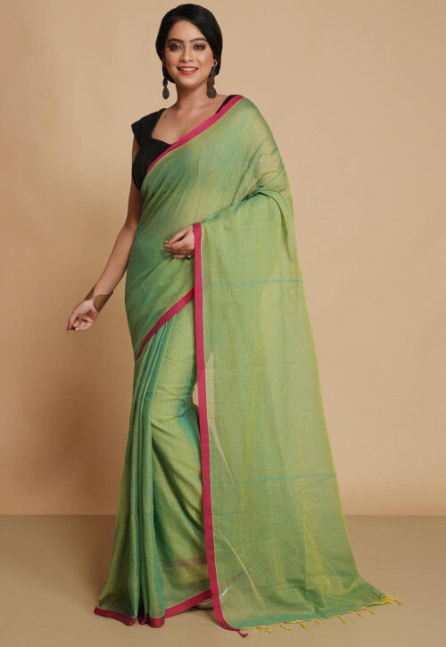 Handloom Cotton Mulmul Saree in Green and Blue Dual Tone