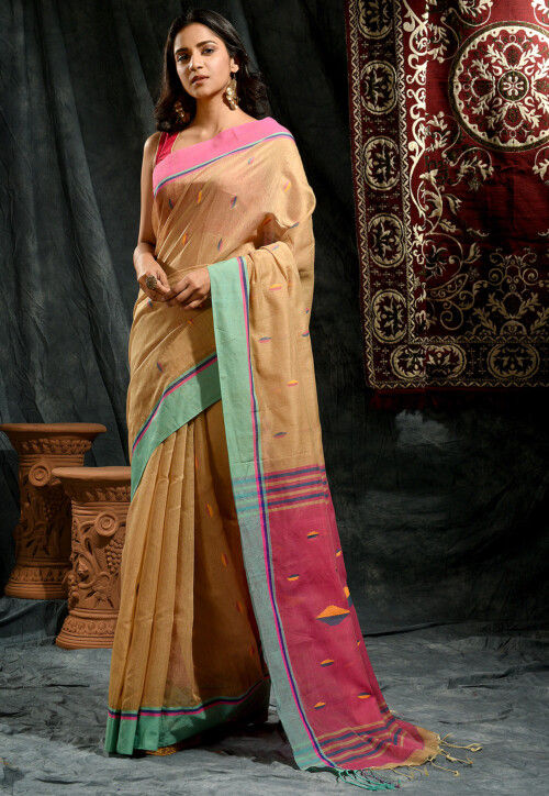 handloom cotton saree in beige v1 spn7409