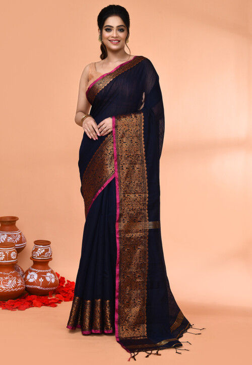 Handloom Cotton Saree in Dark Blue