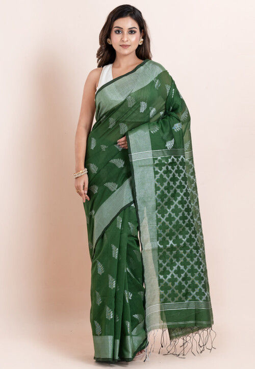 Handloom Cotton Saree in Dark Olive Green