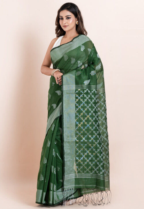 Handloom Cotton Saree in Dark Olive Green