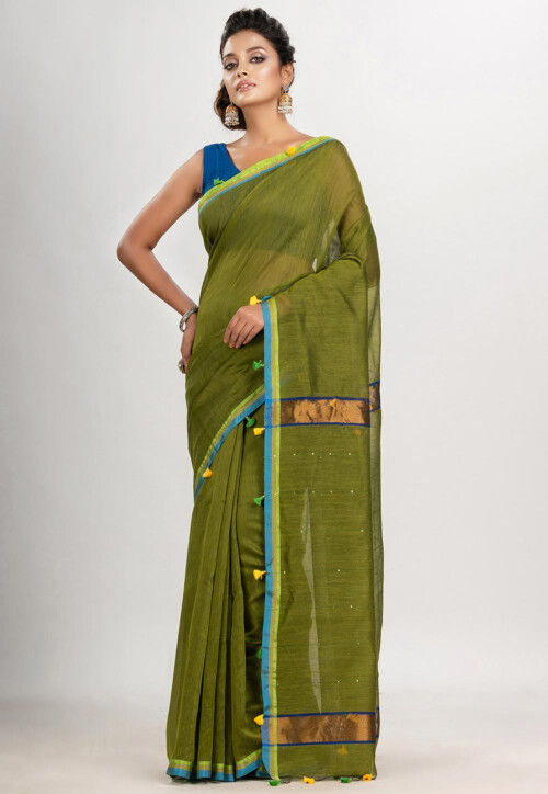 Handloom Cotton Saree in Dark Olive Green