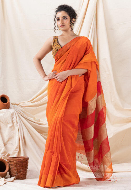 Buy A to Z Creation Printed Handloom Pure Silk Orange Sarees Online @ Best  Price In India | Flipkart.com
