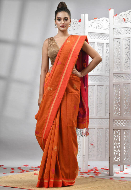 Orange hand woven blended cotton handloom saree with blouse - ROOPKATHA -  2829870 | Handloom saree, Saree, Pure silk sarees