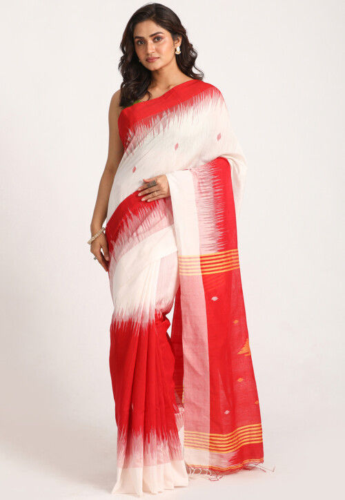 Handloom white & Red Woven Design Balucheri Saree | eWe