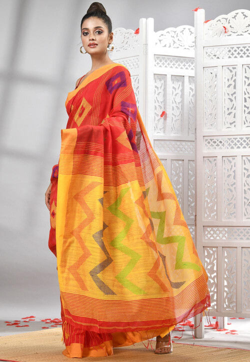 Handloom Cotton Jamdani Saree in Red