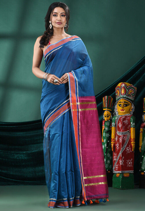 Handloom Cotton Saree in Teal Blue
