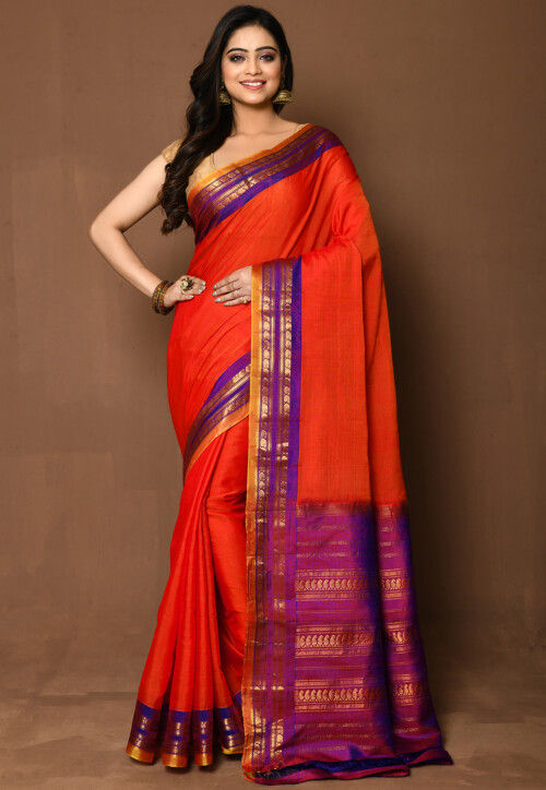 Handloom Cotton Silk Gadwal Saree in Orange