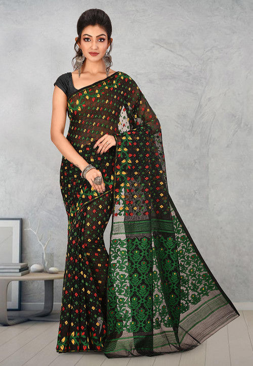 Handloom Cotton Silk Jamdani Saree in Black