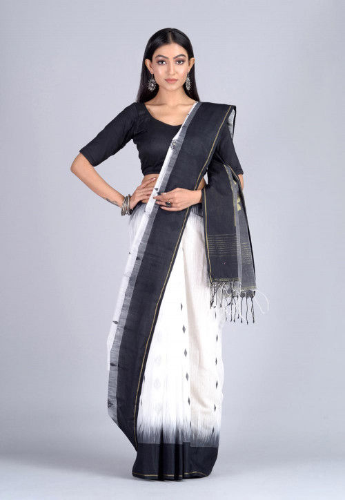 Handloom Cotton Silk Jamdani Saree in White and Black