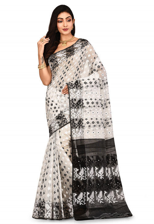Buy Handloom Cotton Silk Jamdani Saree in White Online SUUA72 Utsav