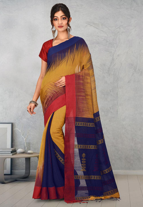 Indian Women's Saree With Unstitched Blouse Mehandi Aura Type Cotton Silk Sari