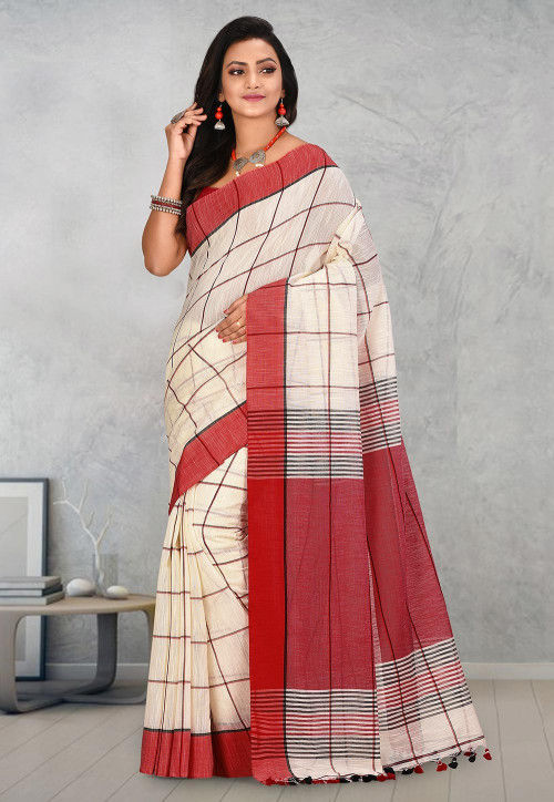 Handloom Cotton Silk Saree in Off White and Maroon