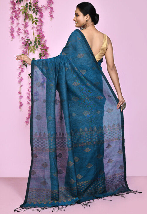 Women's Silk Blend Teal blue Woven Design Handloom Saree With Blouse Piece