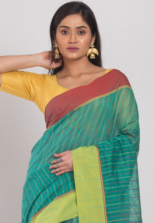Handloom Cotton Silk Saree in Turquoise