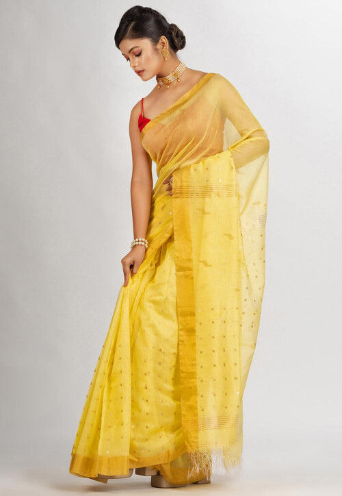 Buy Handloom Cotton Silk Saree in Yellow Online SBEA1453 Utsav Fashion