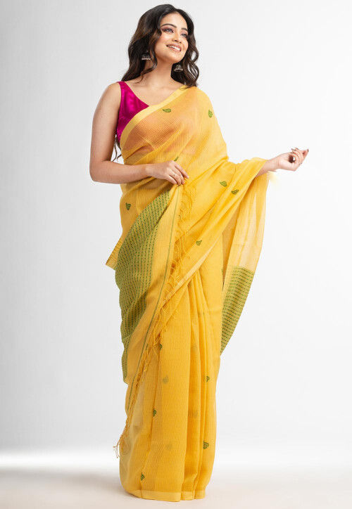 red handloom cotton saree with yellow motifs border and pallu - BOVEEE -  3279093