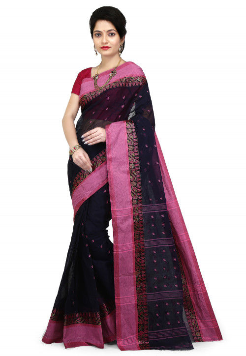 Handloom Cotton Tant Saree in Navy Blue
