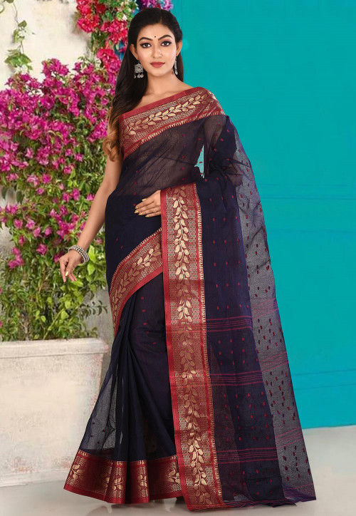 Handloom Cotton Tant Saree in Navy Blue : SUUA49