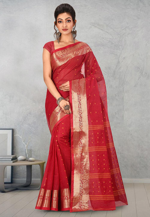 Handloom Cotton Tant Saree in Red