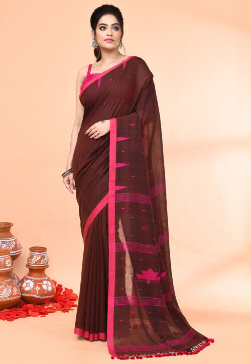 Handloom Jamdani Cotton Saree in Brown