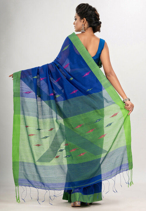 Royal Blue Jamdani Cotton Handwoven Saree main image 1