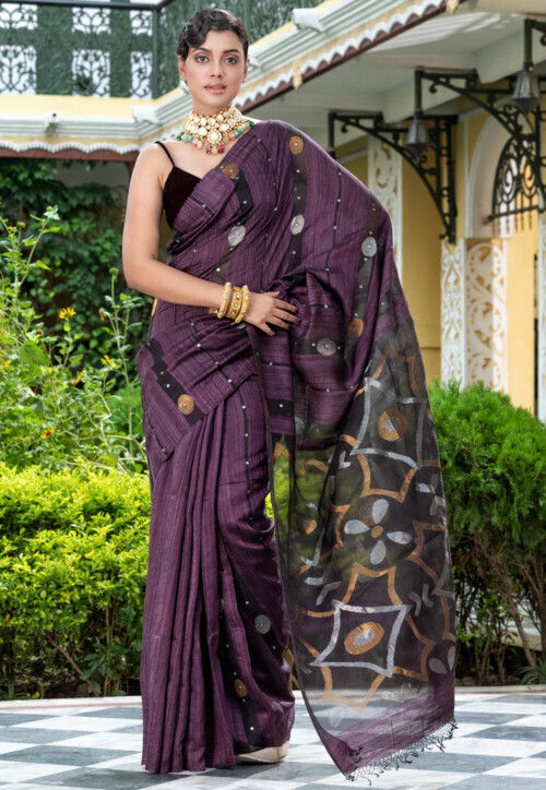 Handloom Jamdani Pure Matka Silk Saree in Dark Purple