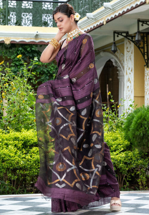 Handloom Jamdani Pure Matka Silk Saree in Dark Purple
