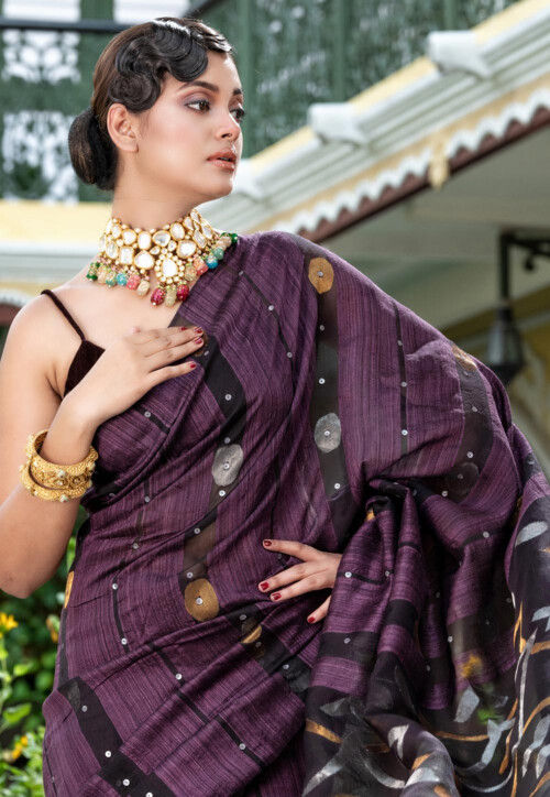 Handloom Jamdani Pure Matka Silk Saree in Dark Purple