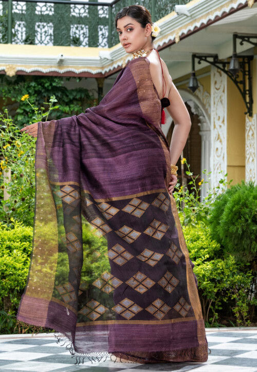 Handloom Jamdani Pure Matka Silk Saree in Dark Purple