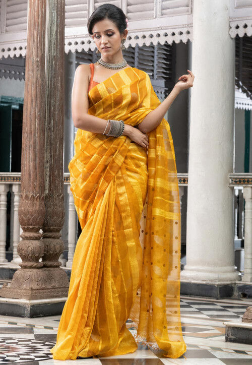 Handloom Jamdani Pure Matka Silk Saree in Mustard
