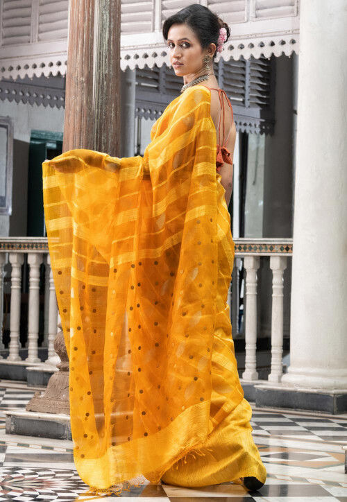Handloom Jamdani Pure Matka Silk Saree in Mustard